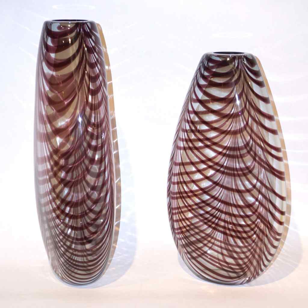 Formia 1970s Two Fenicio Feather Decorated Purple Brown Murano Art Glass Vases - Cosulich Interiors & Antiques