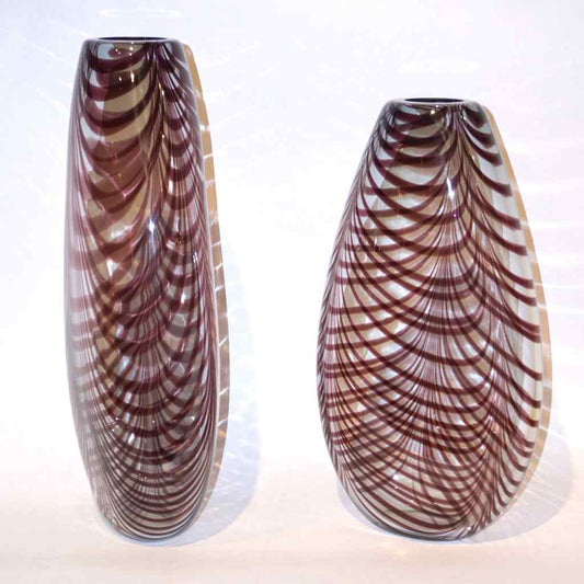 Formia 1970s Two Fenicio Feather Decorated Purple Brown Murano Art Glass Vases - Cosulich Interiors & Antiques