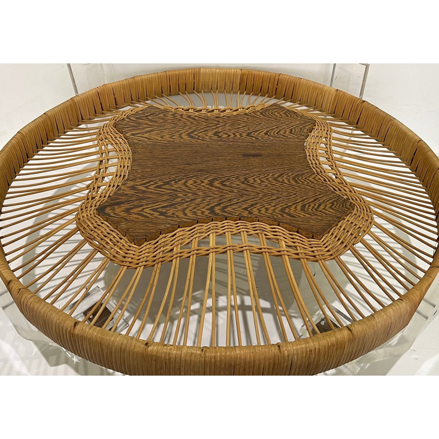 French Vintage 2-Tier Jacaranda Wood Weaved Rattan Sofa Table with Lucite Feet