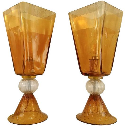 Linea Padovan 1970s Vintage Pair of Amber Gold and Crystal Murano Glass Lamps