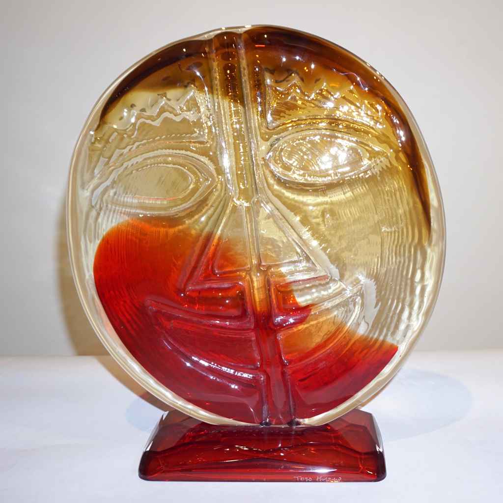 Cesare Toso 1970s Pair of Abstract Art Red and Amber Murano Glass Round Faces - Cosulich Interiors & Antiques