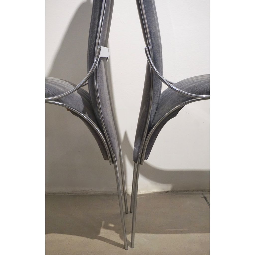 1970 Italian Vintage 4 Curved High Back Chrome Chairs in Blue Gray Stitch Fabric - Cosulich Interiors & Antiques