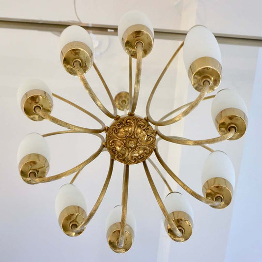 1950s Italian Vintage Stilnovo Style White Glass 10-light Brass Chandelier - Cosulich Interiors & Antiques