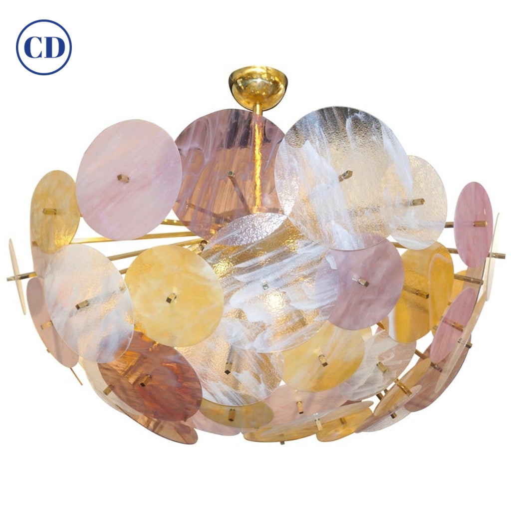 Contemporary Italian Yellow White Rose Pink Murano Glass Oval Sputnik Flushmount