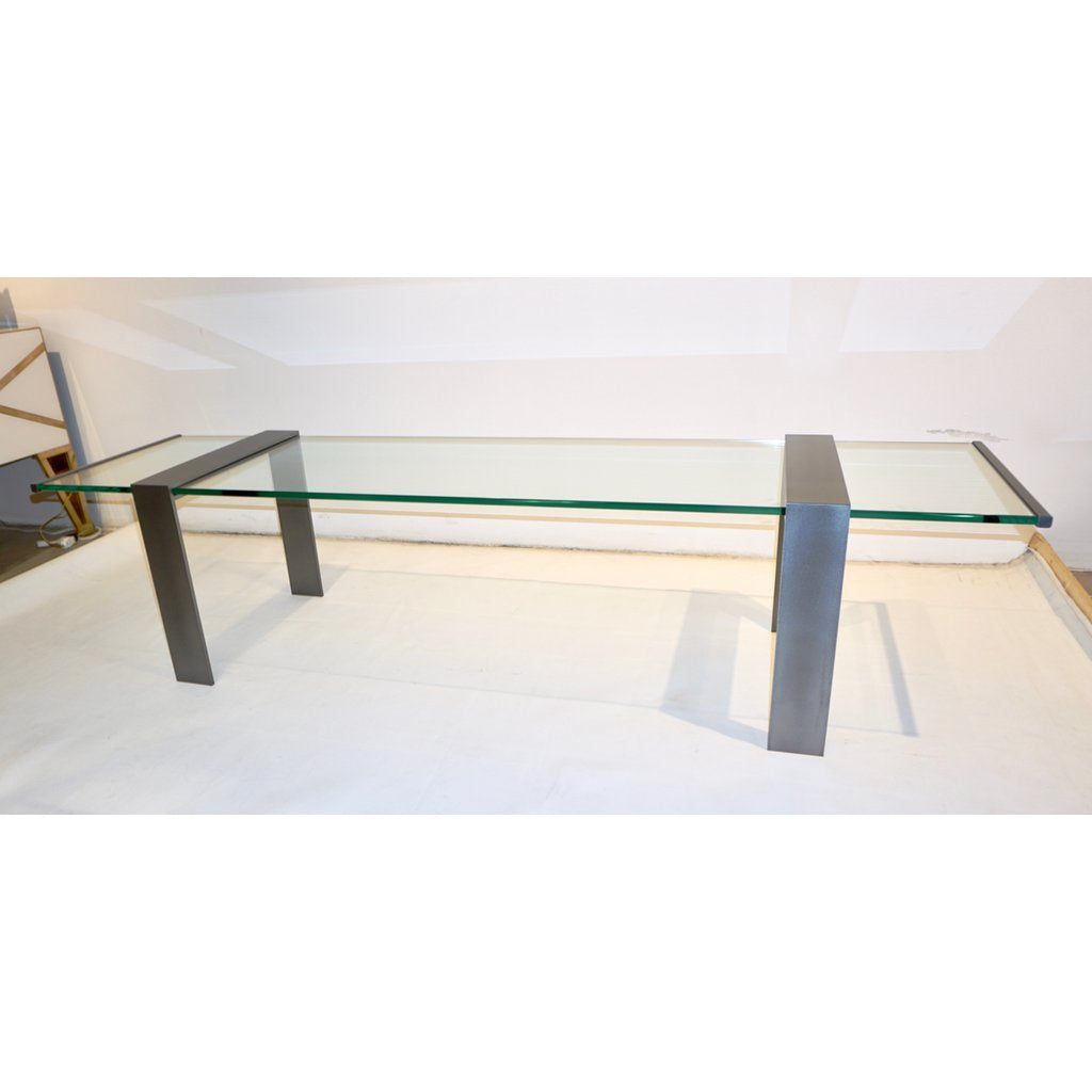 1970s Italian Design Urban Geometric Iron Satin & Crystal Clear Long Sofa Table - Cosulich Interiors & Antiques