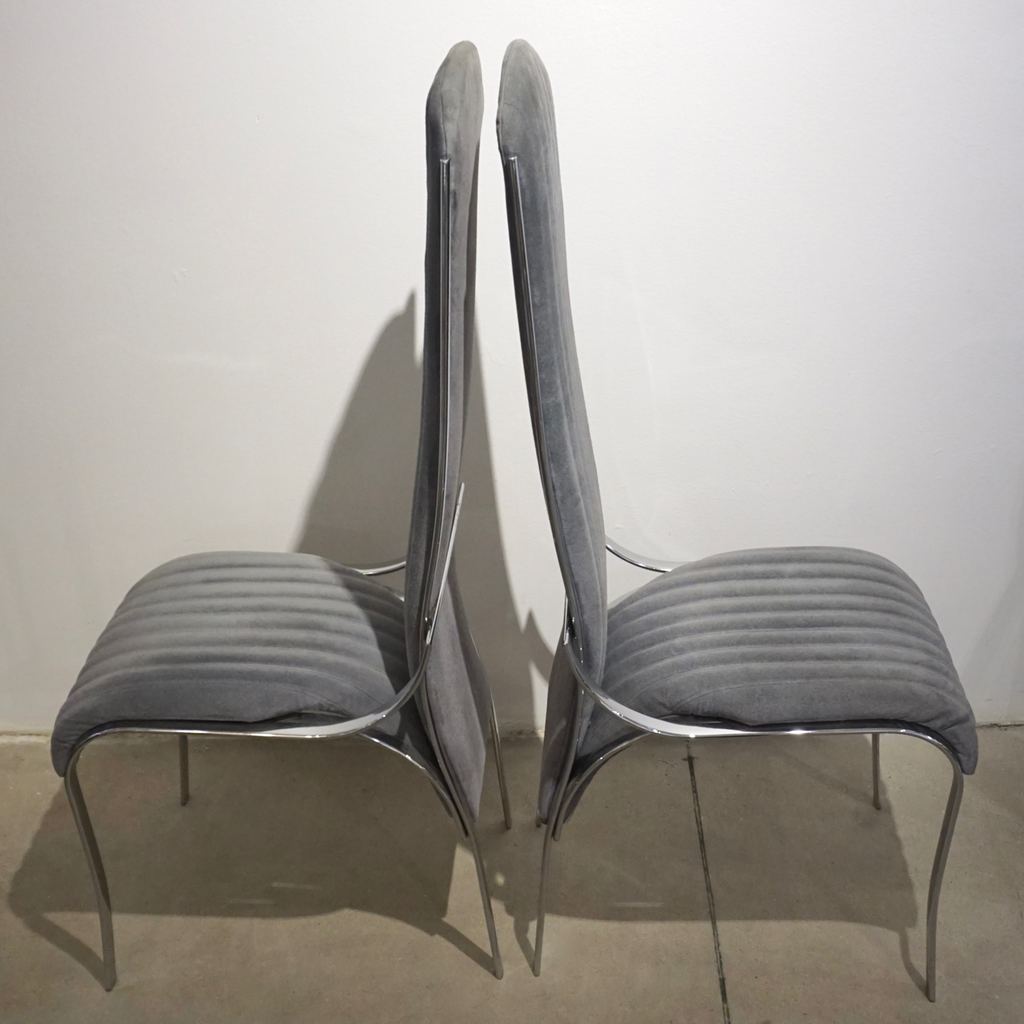 1970 Italian Vintage 4 Curved High Back Chrome Chairs in Blue Gray Stitch Fabric - Cosulich Interiors & Antiques
