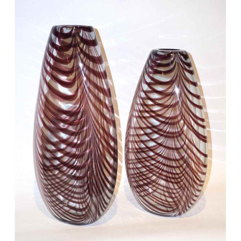 Formia 1970s Two Fenicio Feather Decorated Purple Brown Murano Art Glass Vases - Cosulich Interiors & Antiques
