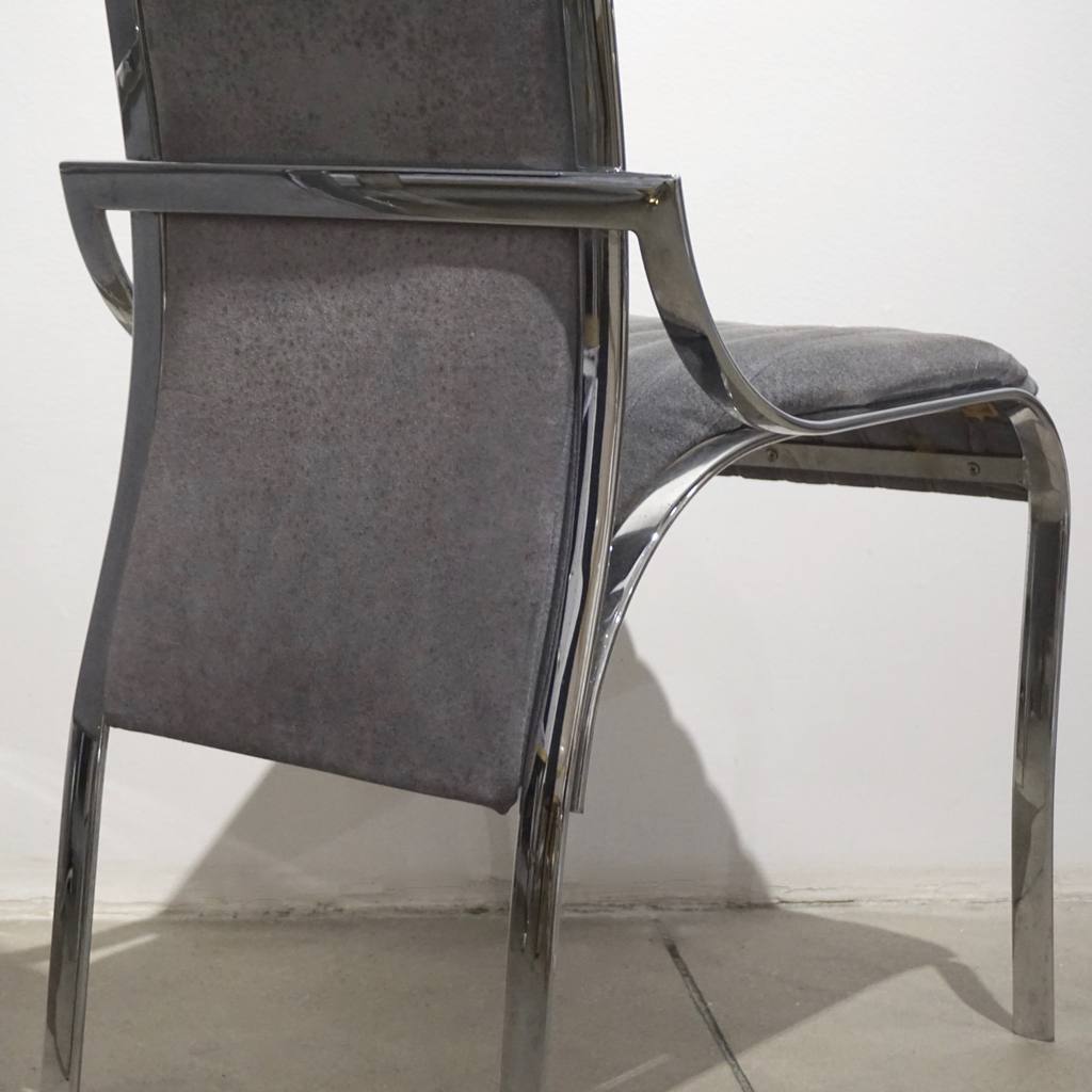 1970 Italian Vintage 4 Curved High Back Chrome Chairs in Blue Gray Stitch Fabric - Cosulich Interiors & Antiques