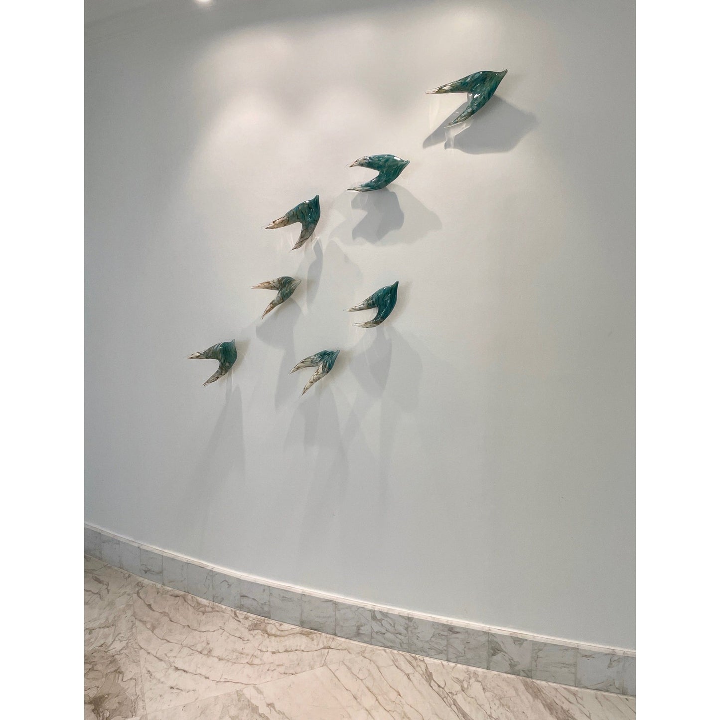Flight of Aquamarine Birds Contemporary Blown Glass Modern Art Wall Sculpture
