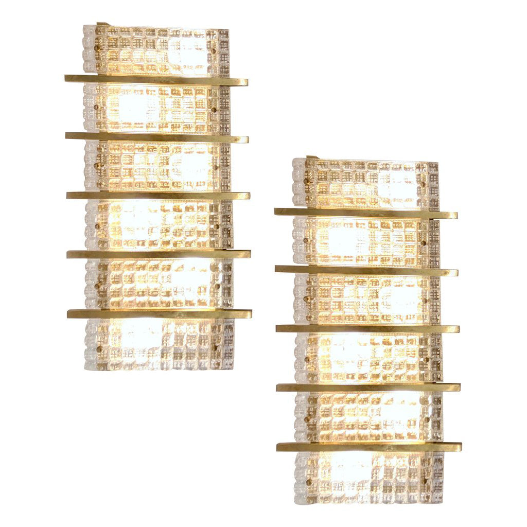 1970s Italian Large Rectangular Brass and Clear Murano Glass Sconces