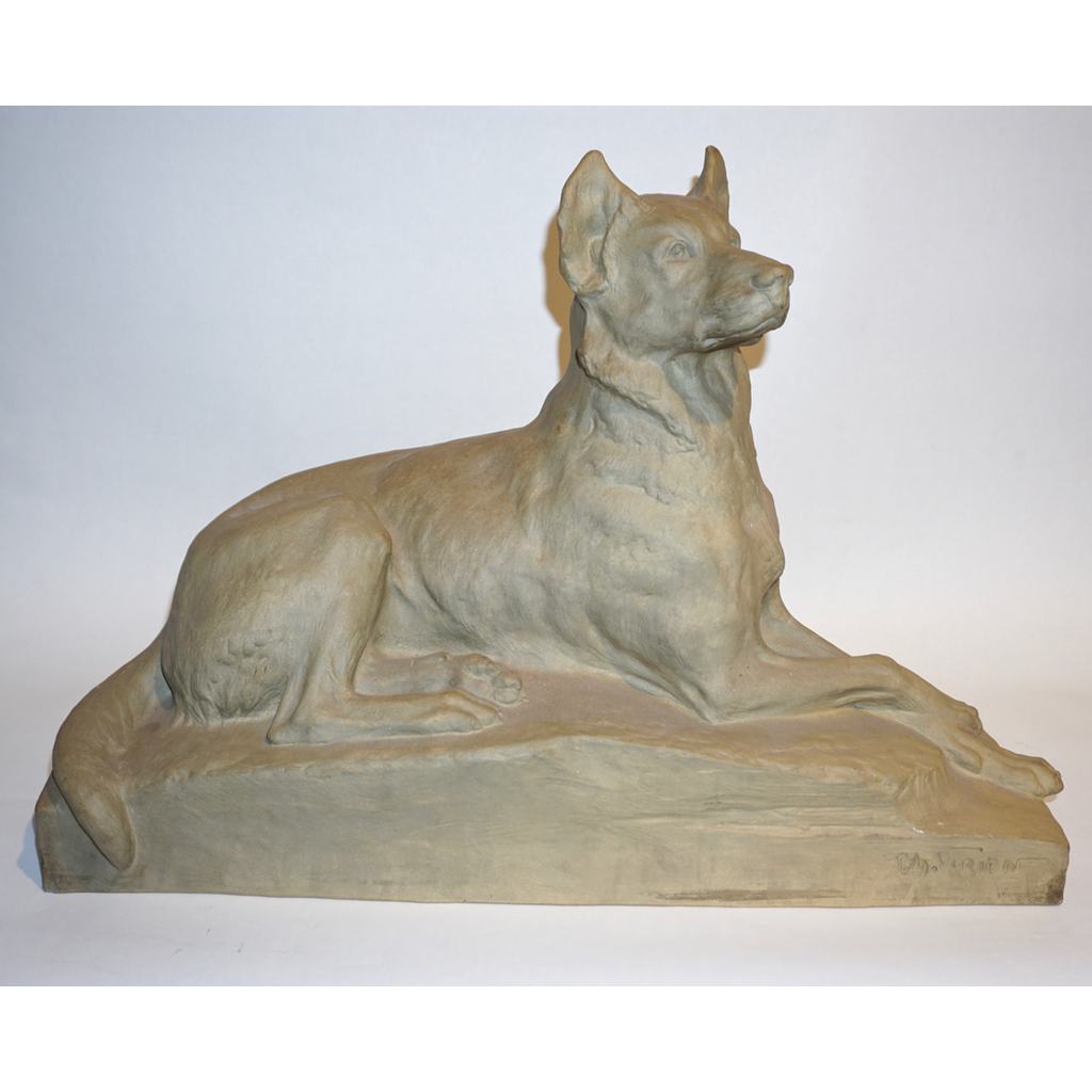 Charles Virion 1920 Antique Gray Terracotta Sculpture of a German Shepherd Dog - Cosulich Interiors & Antiques