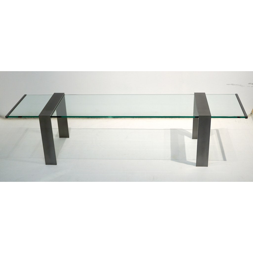 1970s Italian Design Urban Geometric Iron Satin & Crystal Clear Long Sofa Table - Cosulich Interiors & Antiques