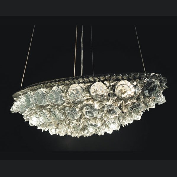 Contemporary Italian Turquoise Blue & Clear Glass Oval Silver Flush/Chandelier