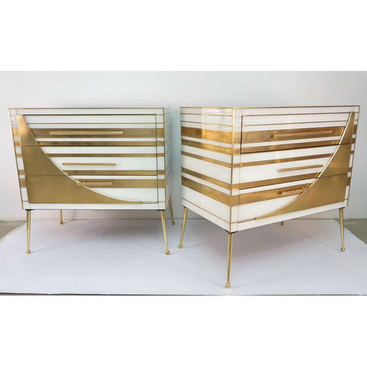 Contemporary Italian Pair of Gold Brass and White Glass Chests / Side Tables - Cosulich Interiors & Antiques