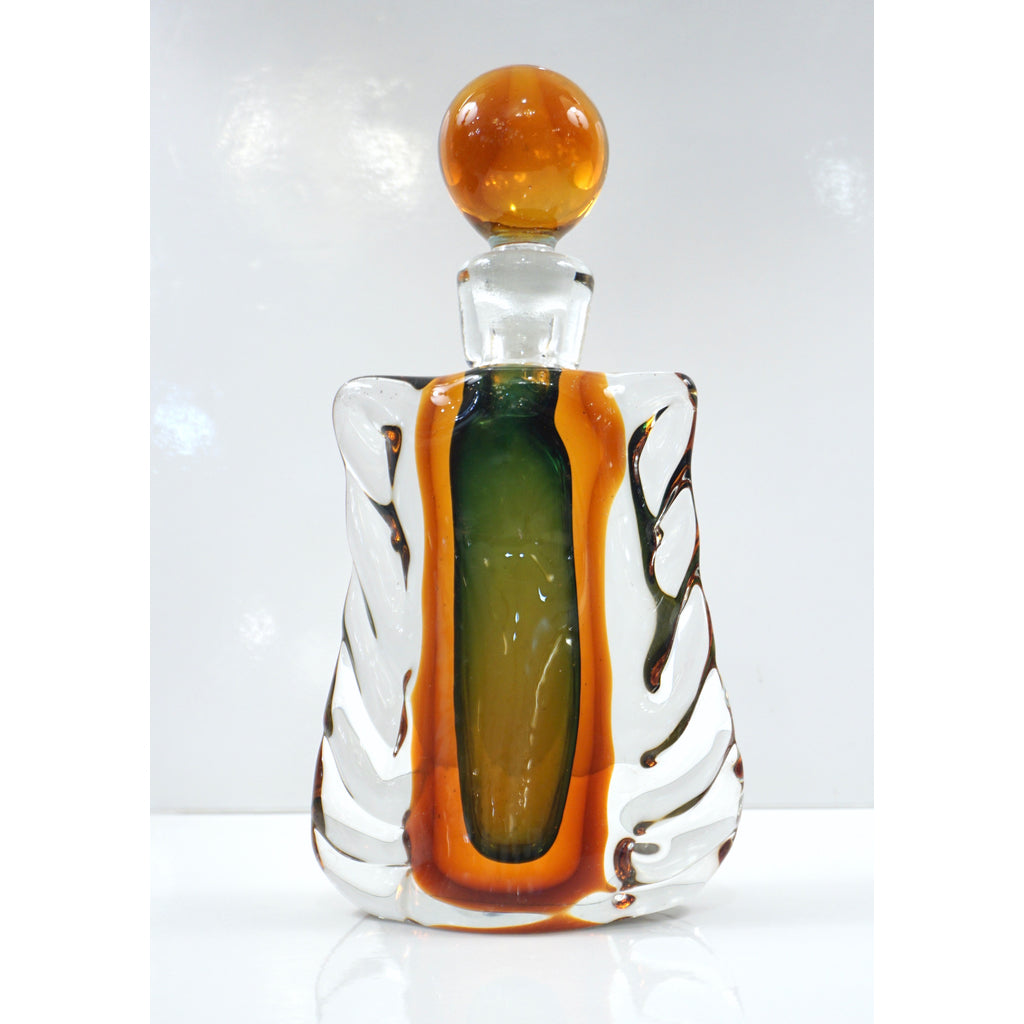1950s Venini Vintage Italian Crystal Green Orange Layered Murano Glass Bottle