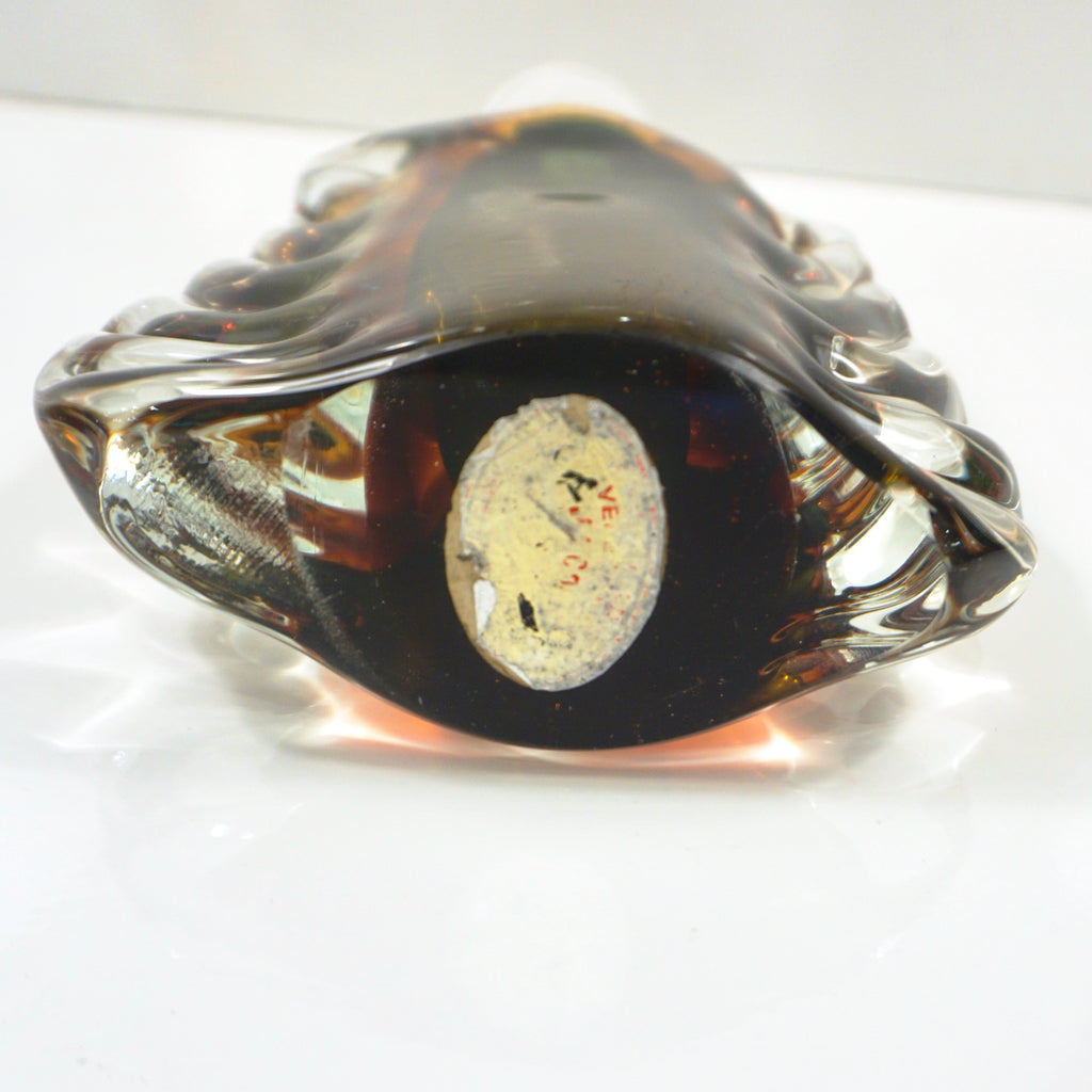 1950s Venini Vintage Italian Crystal Green Orange Layered Murano Glass Bottle