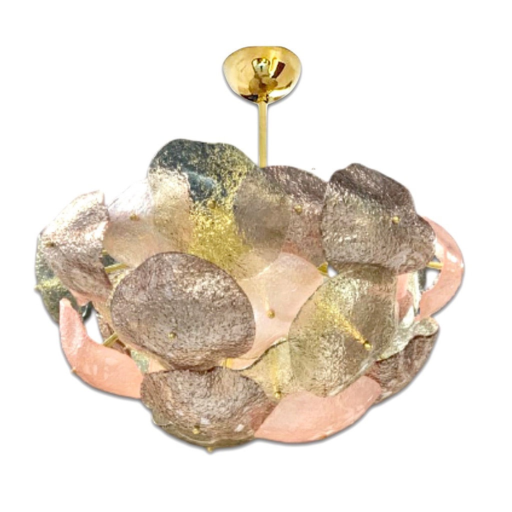 Contemporary Italian Gold White Smoked Scavo Murano Glass Round Leaf Flush Mount