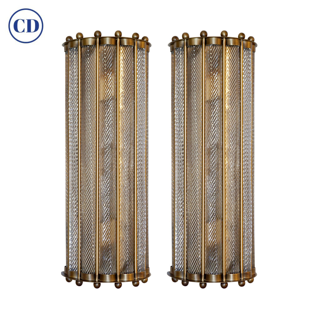 Italian Art Deco Design Crystal Murano Glass Half Moon Bronze Sconces
