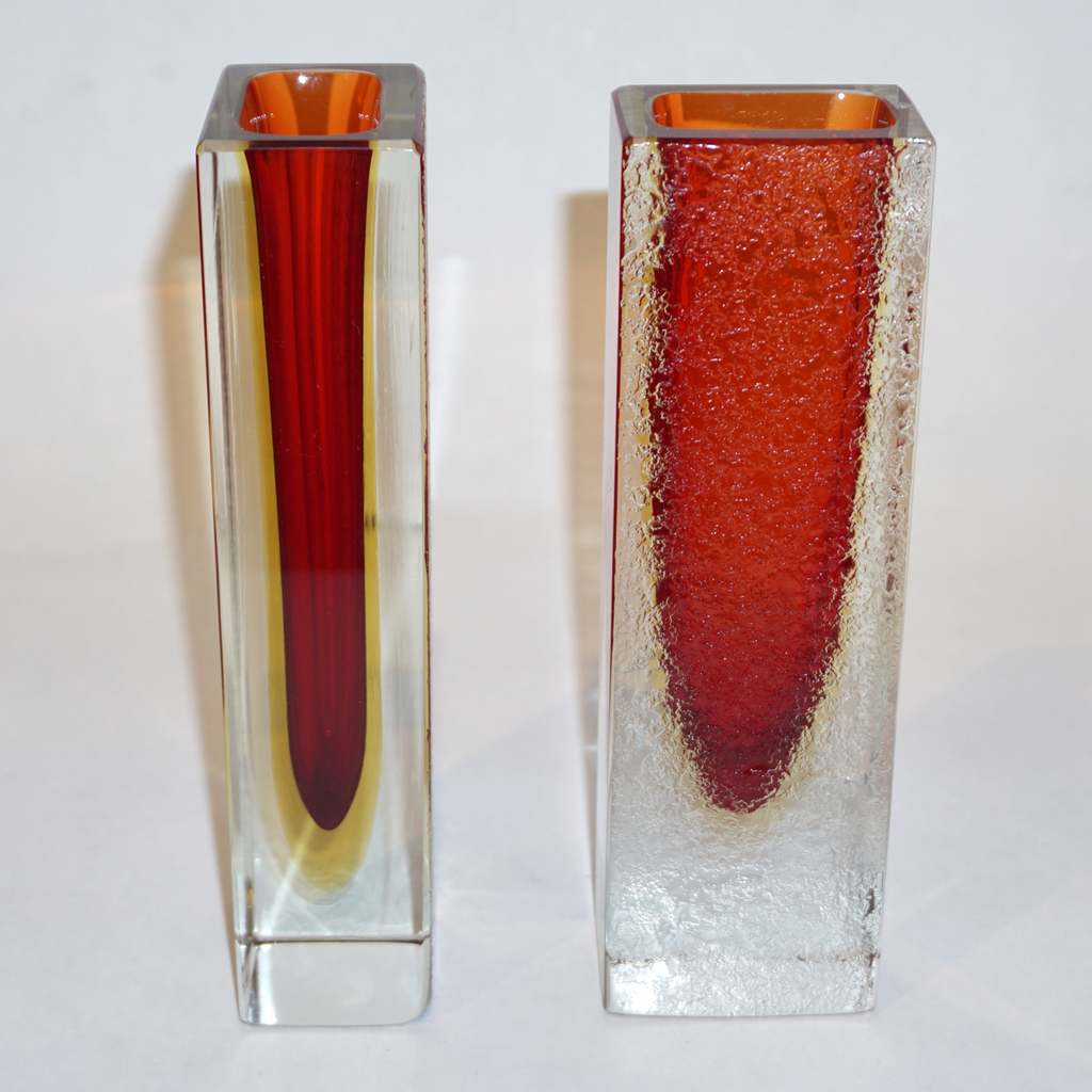1950 Italian Pair of Organic Crystal, Yellow & Red Murano Art Glass Flower Vases - Cosulich Interiors & Antiques