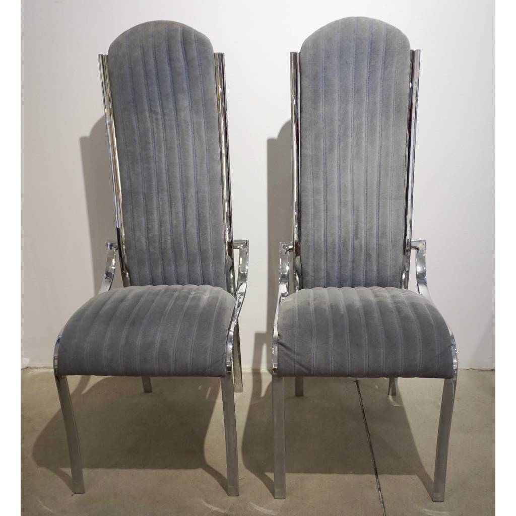 1970 Italian Vintage 4 Curved High Back Chrome Chairs in Blue Gray Stitch Fabric - Cosulich Interiors & Antiques