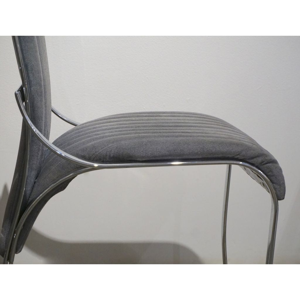 1970 Italian Vintage 4 Curved High Back Chrome Chairs in Blue Gray Stitch Fabric - Cosulich Interiors & Antiques