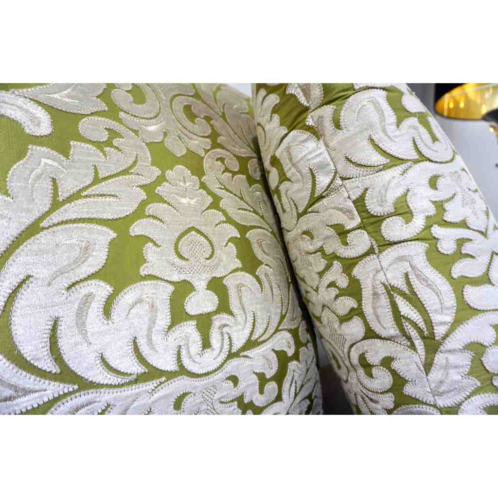 Contemporary French Green and Ivory White Damask Velvet Throw Pillows - Cosulich Interiors & Antiques