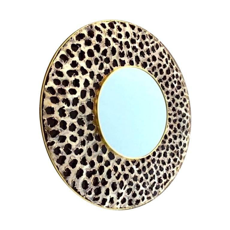 Contemporary Italian Brutalist Leopard Brass and Black Glass Modern Round Mirror - Cosulich Interiors & Antiques
