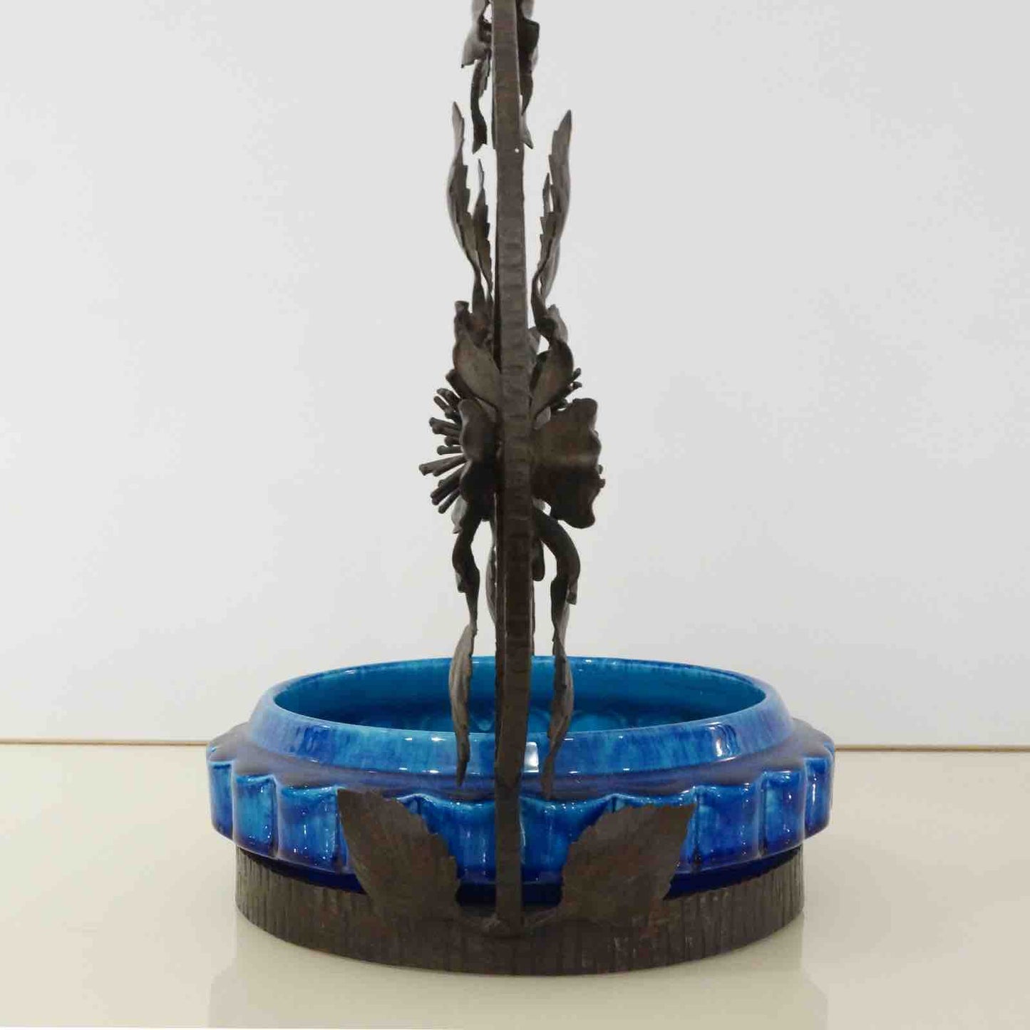 French Art Nouveau Paul Milet Sevres Ceramic Flower Wrought Iron Turquoise Bowl