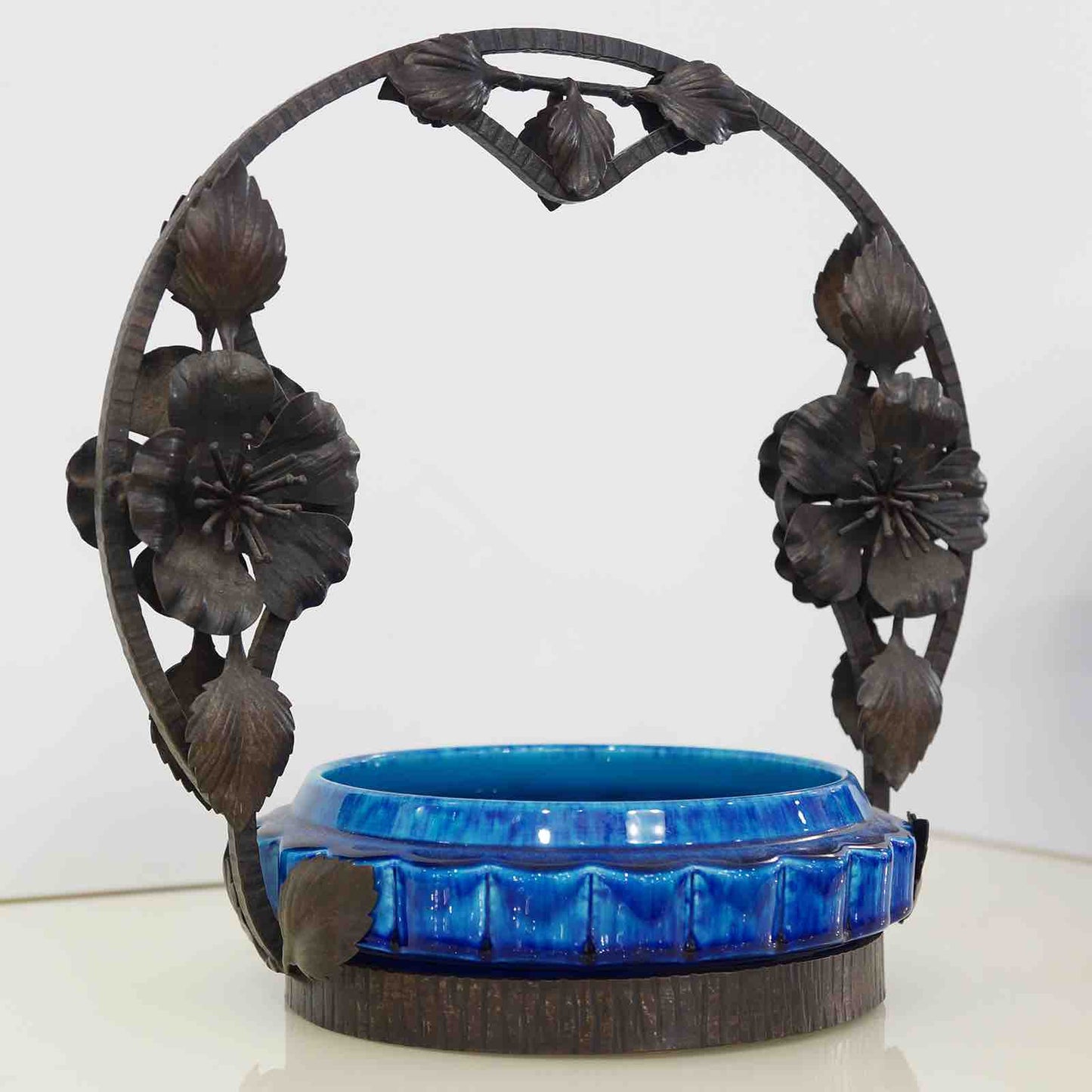 French Art Nouveau Paul Milet Sevres Ceramic Flower Wrought Iron Turquoise Bowl