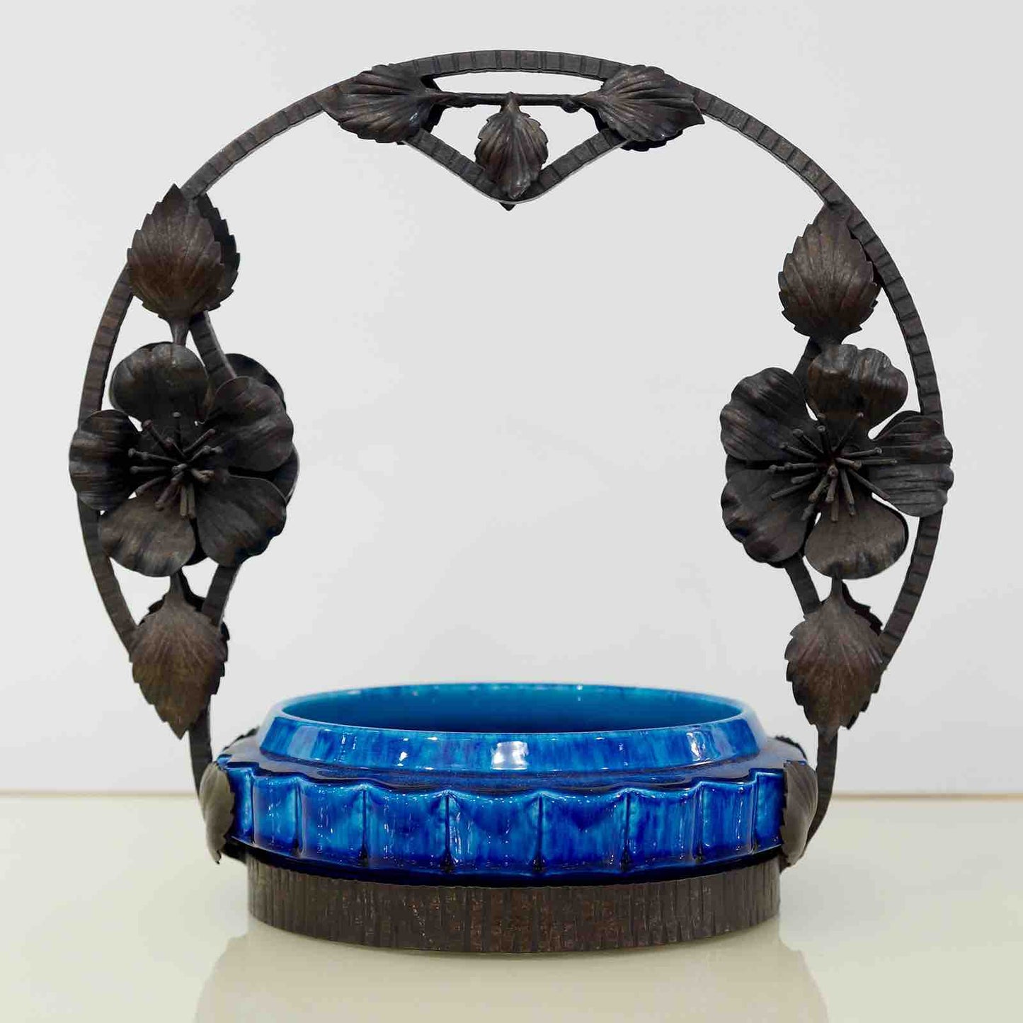 French Art Nouveau Paul Milet Sevres Ceramic Flower Wrought Iron Turquoise Bowl