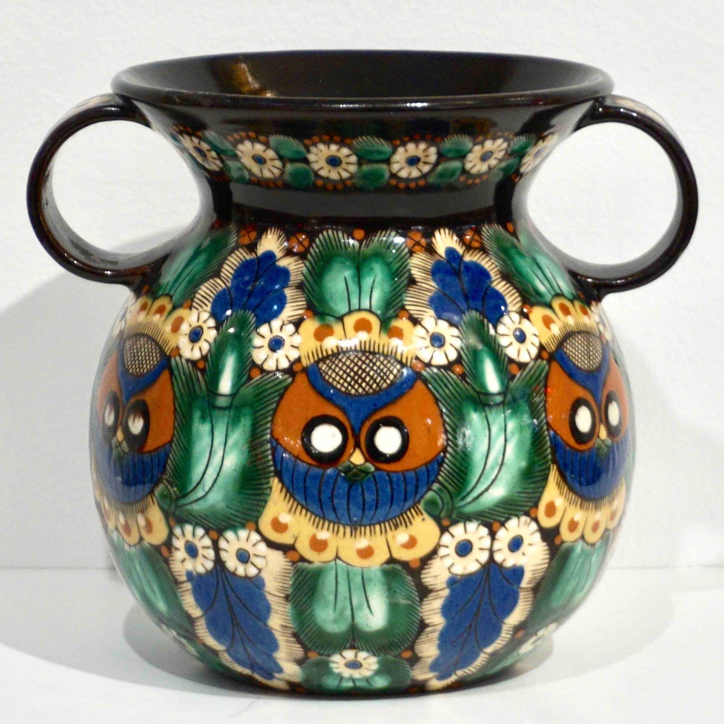 Antique Swiss Arts & Crafts Brown Green Blue Thoune Majolica Two Handled Vase