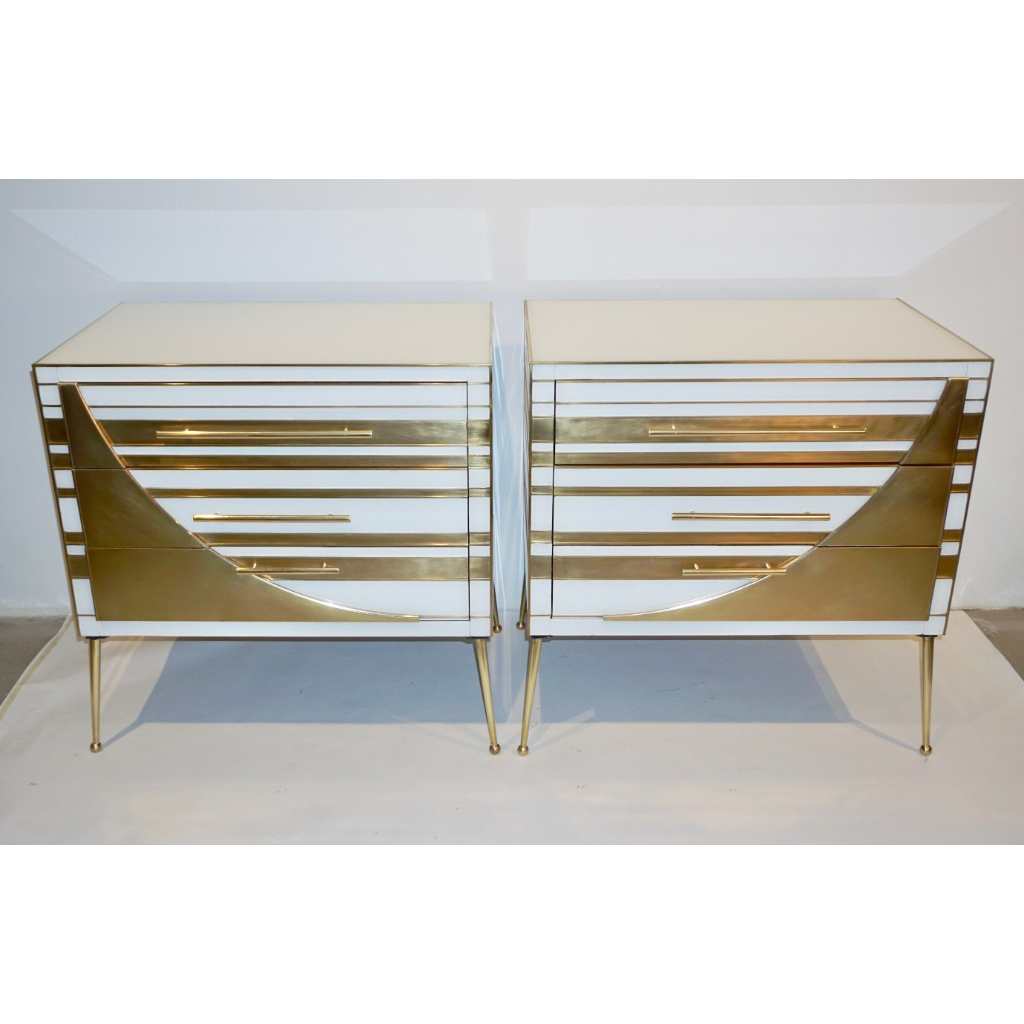 Contemporary Italian Pair of Gold Brass and White Glass Chests / Side Tables - Cosulich Interiors & Antiques
