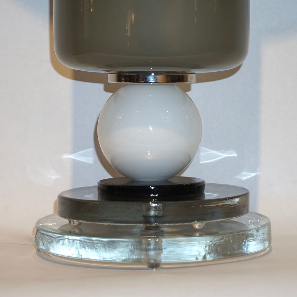 1980s Italian Geometric Pair of White Black and Silver Gray Murano Glass Lamps - Cosulich Interiors & Antiques