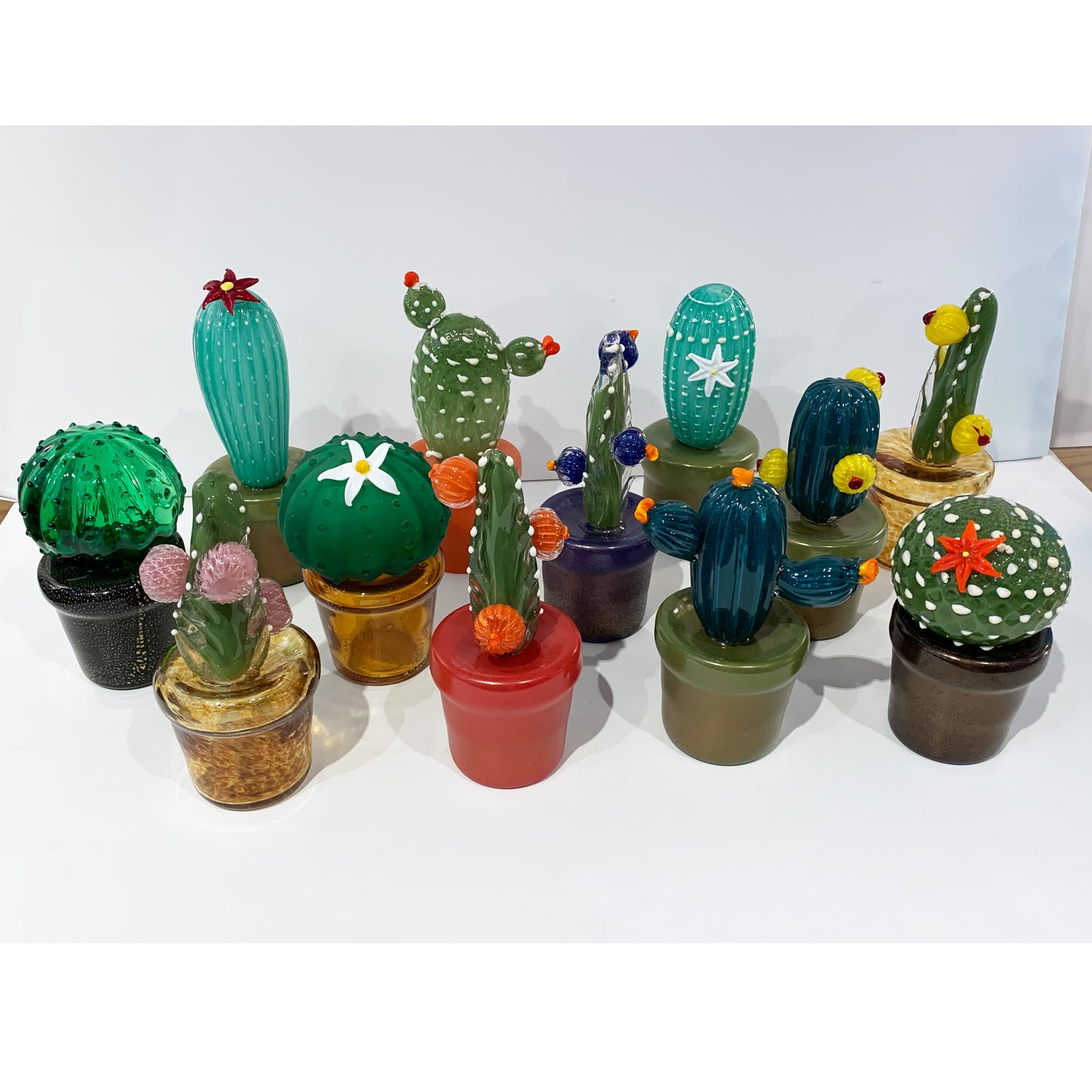 2000s Italian Teal Gold Green Murano Art Glass Cactus Plant with Yellow Flowers