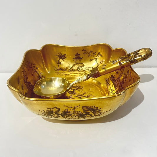 1959 French Black Gold Gilt Porcelain Gold Bowl Spool Signed