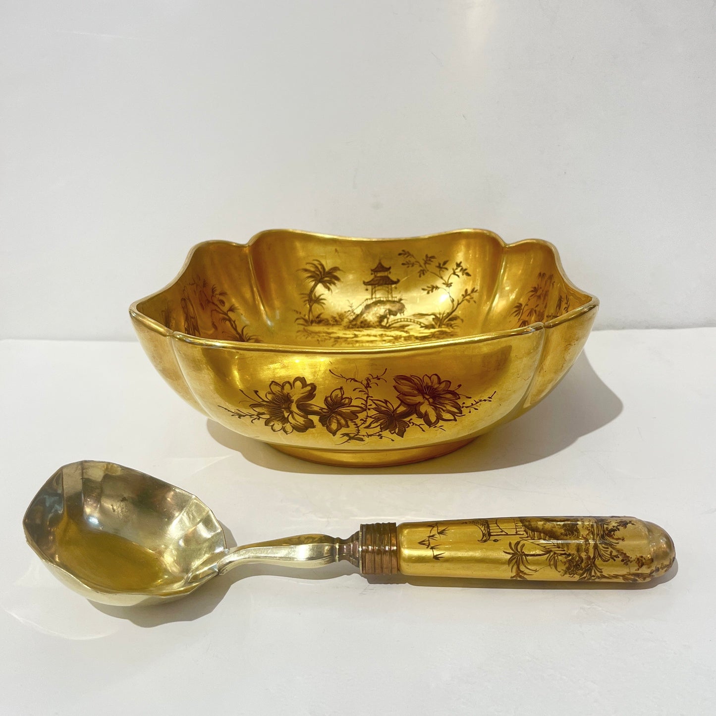 1959 French Black Gold Gilt Porcelain Gold Bowl Spool Signed