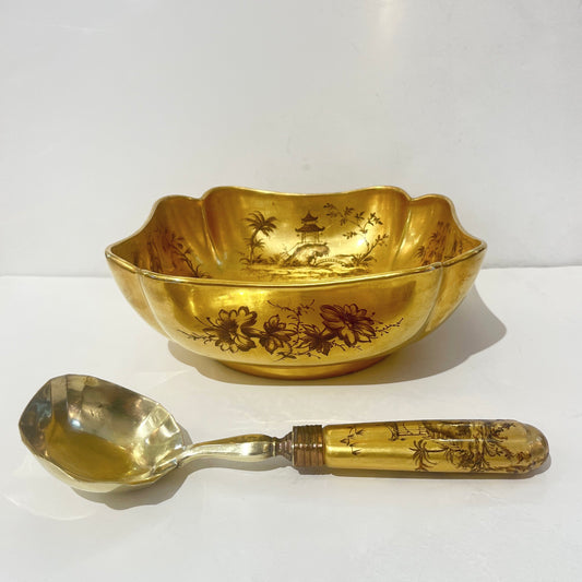 1959 French Black Gold Gilt Porcelain Gold Bowl Spool Signed