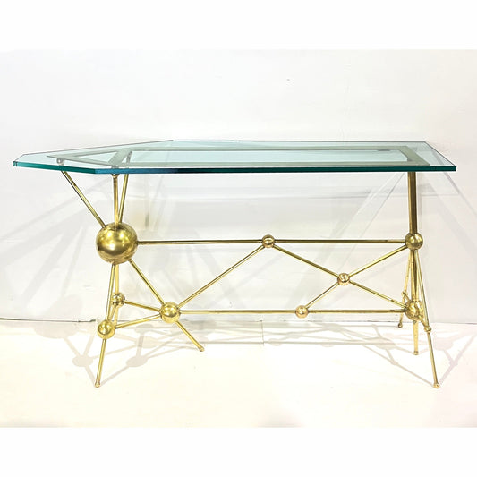 Italian Modern Atomic Planet Design Slim Asymmetrical Brass Sphere Console Table