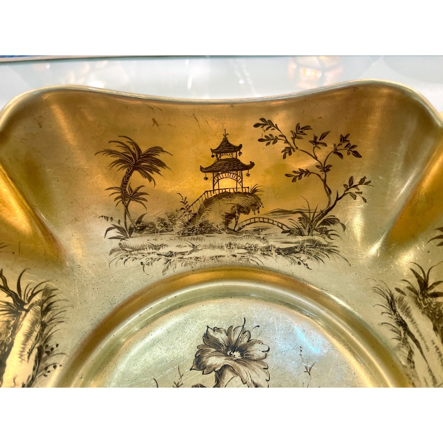 1959 French Black Gold Gilt Porcelain Gold Bowl Spool Signed