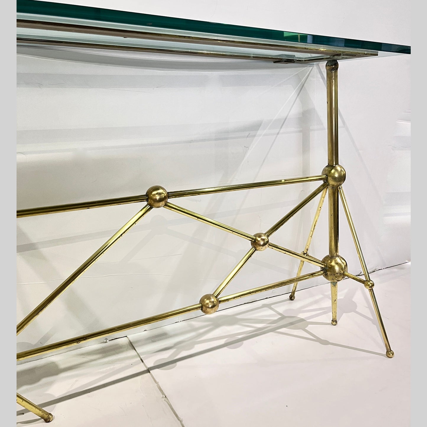 Italian Modern Atomic Planet Design Slim Asymmetrical Brass Sphere Console Table