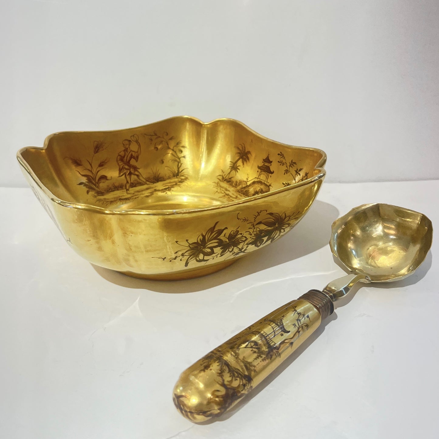 1959 French Black Gold Gilt Porcelain Gold Bowl Spool Signed