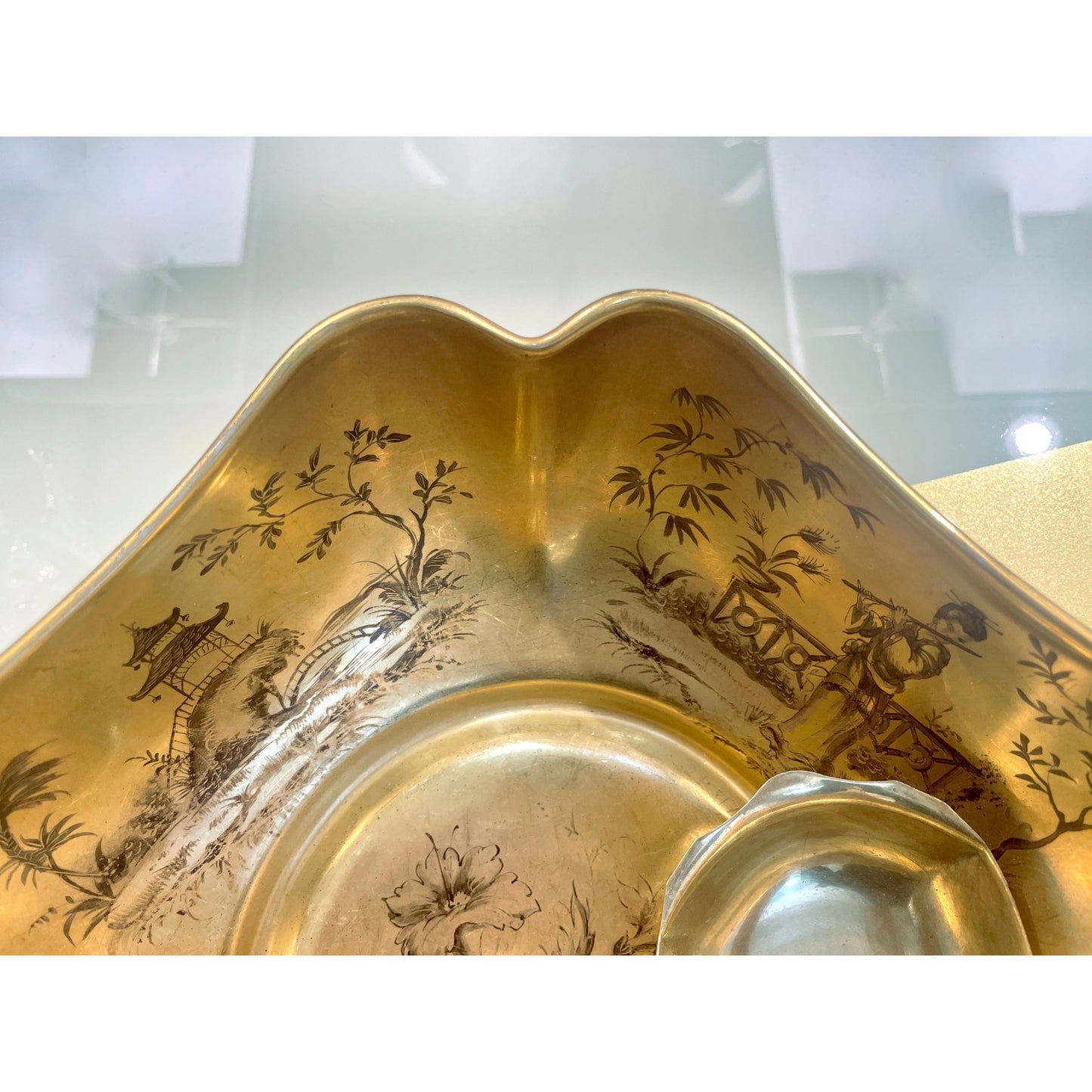 1959 French Black Gold Gilt Porcelain Gold Bowl Spool Signed
