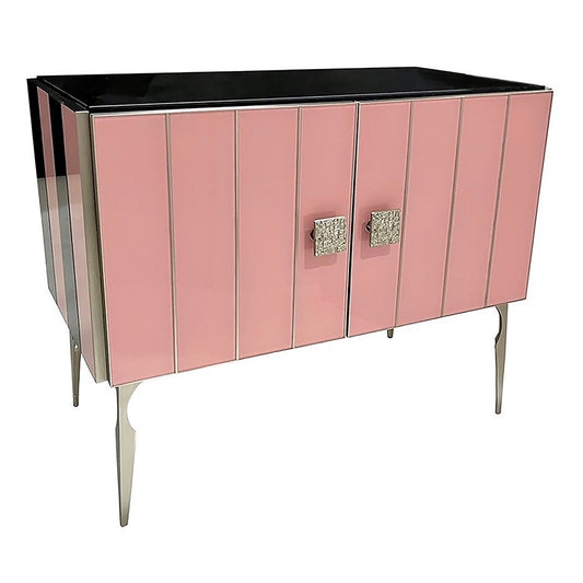 Modern Italian Art Deco Style Pink Black Stripe Glass Satin Nickel Cabinet /Bar