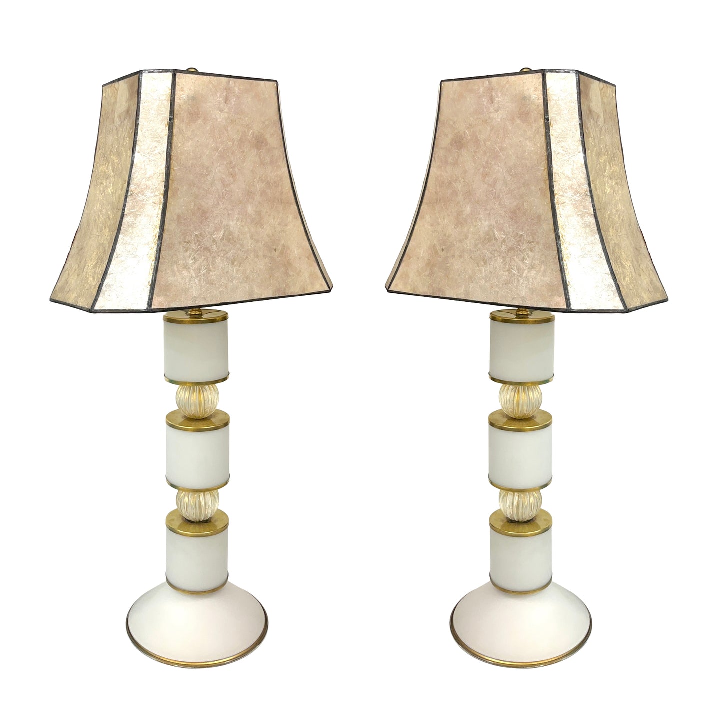 1950s Mid Century Italian Pair Tall White Gold Murano Glass Lamps & Mica Shades