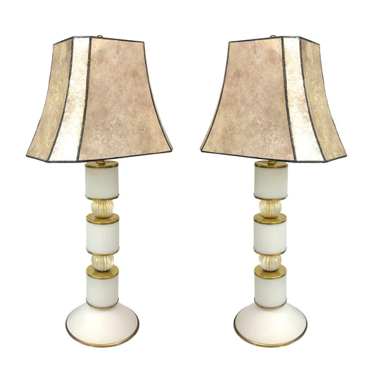 1950s Mid Century Italian Pair Tall White Gold Murano Glass Lamps & Mica Shades