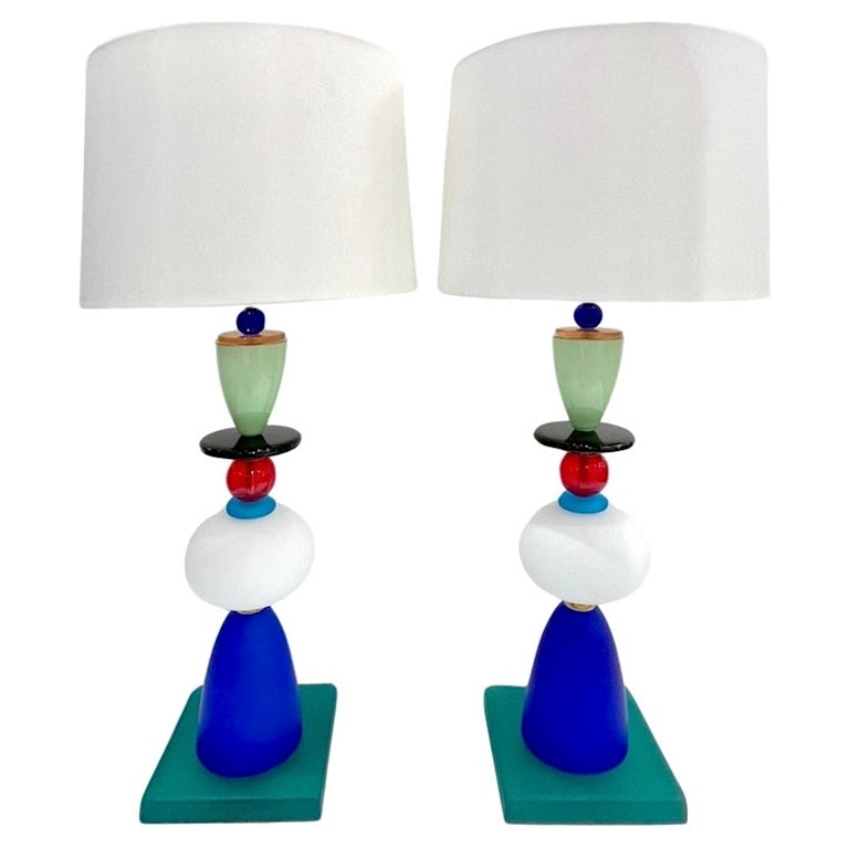 Postmodern Italian Memphis Design Green Blue White Red Black Murano Glass Lamps