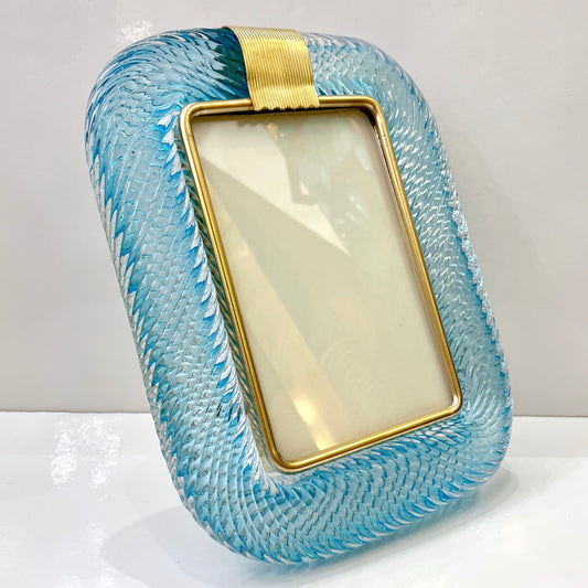 2000s Italian Vintage Aquamarine Blue Twisted Murano Glass & Brass Picture Frame
