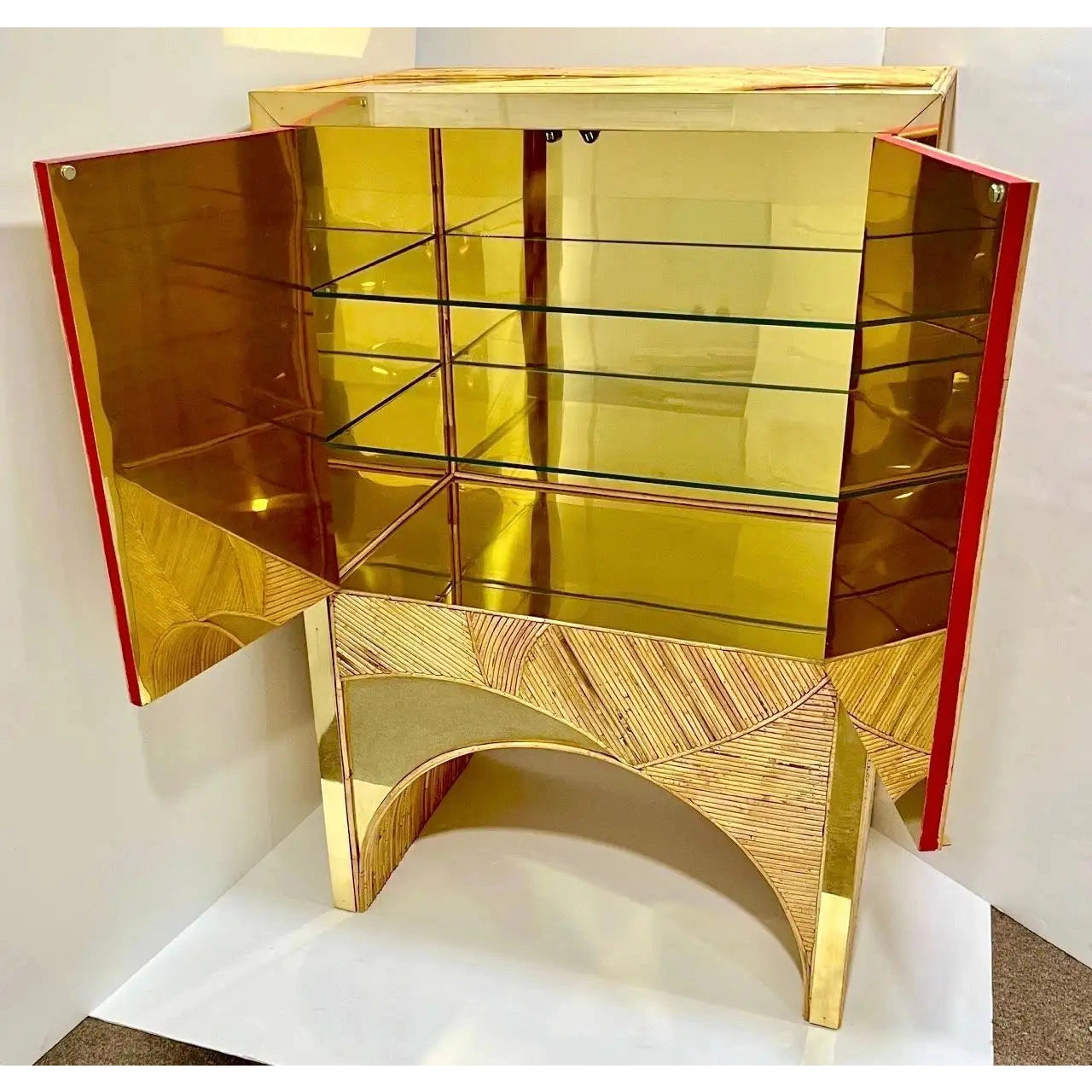 Contemporary Italian Bamboo Cabinet Bar with 2 Door 2 Glass Shelf Brass Details