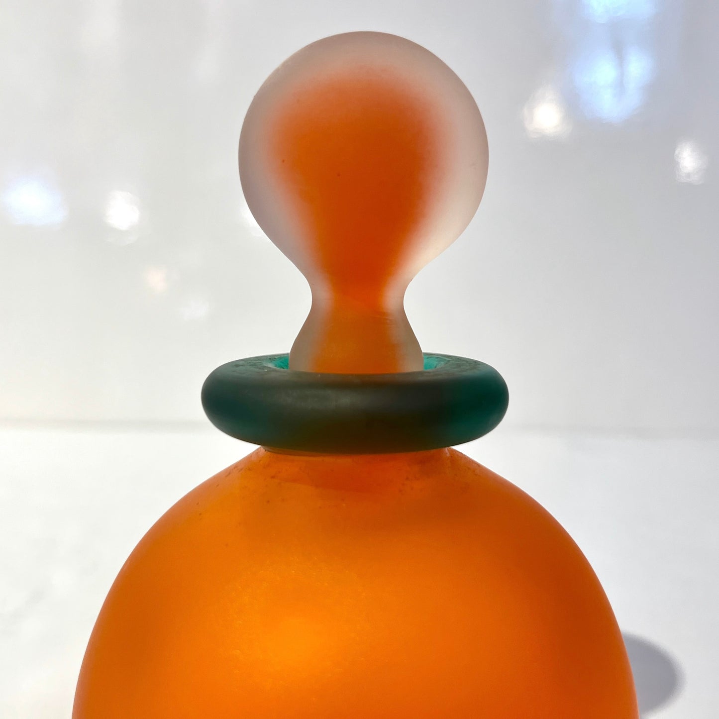 1980s Italian Art Crystal Orange Green Frosted Murano Glass Bottle with Stopper