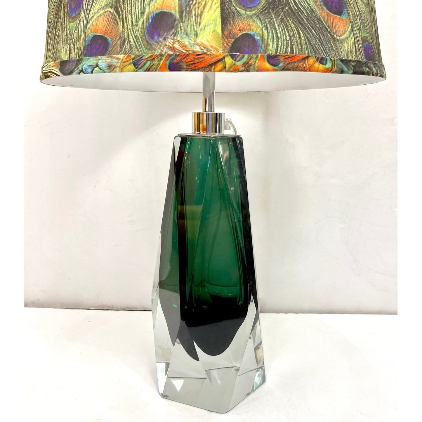 Contemporary Italian Forest Green Diamond Cut Crystal Murano Glass Table Lamps